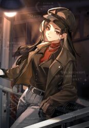  1girl against_railing black_gloves black_hair black_shirt blue_eyes brown_hat brown_jacket chinese_commentary closed_mouth commentary_request cowboy_shot dark earrings gloves grey_pants hand_on_railing hanging_light hat highres jacket jewelry light_smile long_hair looking_at_viewer newsboy_cap pants qi_xing_(reverse:1999) railing reverse:1999 shirt solo tumaomao_(873709146521) watermark 