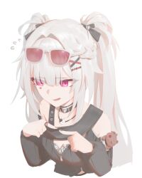  1girl bare_shoulders black_choker black_nails braid breasts choker chu_siyue commentary_request cropped_torso double-parted_bangs eyewear_on_head facial_mark flying_sweatdrops grey_hair hair_ornament heart heart_facial_mark honkai:_star_rail honkai_(series) index_fingers_together jewelry looking_to_the_side medium_breasts necklace official_alternate_costume official_alternate_hairstyle open_mouth pink_eyes ring simple_background solo sparkle_(honkai:_star_rail) sparxie_(candy-coated_waves)_(honkai:_star_rail) sparxie_(honkai:_star_rail) stuffed_animal stuffed_toy sunglasses teddy_bear twintails two_side_up white_background x_hair_ornament 