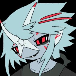  1boy animated animated_gif black_background blue_hair blue_skin brown_shirt colored_skin gift_art grey_skin grin jejejunum looking_at_viewer lowres male_focus monster_boy one_eye_closed original portrait red_eyes sharp_teeth shirt short_hair smile teeth winking_(animated) 