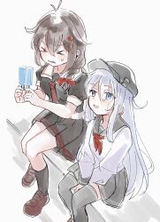  >_< 2girls ahoge black_hat black_sailor_collar black_serafuku black_shirt black_skirt black_thighhighs blue_eyes braid braid_over_shoulder closed_eyes commentary_request feet_out_of_frame food full_body grey_hair hair_flaps hair_over_shoulder hat hibiki_(kancolle) highres kantai_collection long_hair mia_umauma multiple_girls neckerchief pleated_skirt popsicle red_neckerchief sailor_collar sailor_shirt school_uniform serafuku shigure_(kancolle) shigure_kai_ni_(kancolle) shirt simple_background single_braid sitting skirt thigh-highs white_background white_sailor_collar white_shirt 