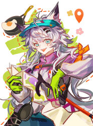  1girl absurdres animal_ears arknights blue_eyes chinese_commentary chuichuihuahewu commentary_request fried_egg frying_pan gloves green_gloves grey_hair hair_between_eyes highres holding holding_map hongshan_forest_zoo jacket lappland_(arknights) long_hair long_sleeves looking_at_viewer map map_pin official_alternate_costume open_mouth purple_jacket scar scar_across_eye scar_on_face smile solo tongue tongue_out visor_cap white_background wolf_ears wolf_girl 