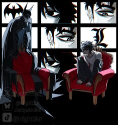  2boys artist_name bags_under_eyes bat_mask batman batman_(series) batman_symbol belt black_hair bodysuit dc_comics death_note denim grey_bodysuit highres jeans l_(death_note) male_focus multicolored_bodysuit multicolored_suit multiple_boys nightfar pants signature superhero_costume taut_bodysuit taut_clothes twitter_username two-tone_bodysuit two-tone_suit utility_belt 