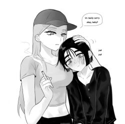  2girls alien_stage baseball_cap blush bob_cut cigarette commentary crop_top crying english_commentary english_text hat headpat highres holding holding_cigarette imsoboredd4 long_hair long_sleeves mizi_(alien_stage) multiple_girls shirt short_hair short_sleeves smoke sua_(alien_stage) yuri zombie_stage 