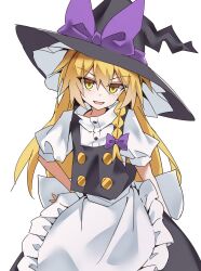  1girl apron back_bow black_hat black_skirt black_vest blonde_hair bow braid hair_bow hat hat_bow highres ishijogahara kirisame_marisa long_hair looking_at_viewer open_mouth puffy_short_sleeves puffy_sleeves purple_bow short_sleeves side_braid simple_background single_braid skirt smile solo touhou very_long_hair vest waist_apron white_apron white_background white_bow witch_hat yellow_eyes 
