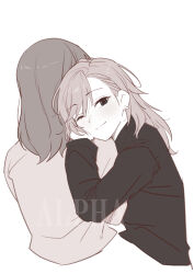  2girls alpha_(user_jxtj2385) artist_name brown_theme closed_mouth commentary_request cropped_torso earrings facing_away hair_between_eyes hand_on_another's_shoulder head_on_another's_shoulder head_rest jewelry leaning_on_person light_blush long_hair long_sleeves looking_at_viewer medium_hair monochrome multiple_girls one_eye_closed original parted_bangs simple_background smile upper_body watermark white_background yuri 