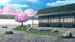  absurdres architecture artist_request blue_sky building cherry_blossoms clouds day east_asian_architecture game_asset garden grass hakugyokurou highres no_humans outdoors rock rock_garden scenery sky third-party_source touhou touhou_spell_carnival tree 