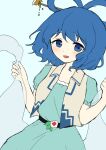  144udy 1girl :d absurdres blue_dress blue_eyes blue_hair blush breasts dress hagoromo hair_ornament hair_rings hair_stick highres kaku_seiga light_blue_background looking_at_viewer medium_breasts medium_hair open_mouth see-through shawl simple_background smile solo tareme touhou 