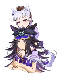  2girls :d animal_ears arms_around_neck black_hair blunt_bangs bow colored_inner_animal_ears colored_inner_hair commentary dot_nose ear_bow fenomeno_(umamusume) flipped_hair furrowed_brow gold_ship_(umamusume) hat highres holding holding_pencil horse_ears horse_girl horse_tail horseshoe_hat_ornament horseshoe_ornament hug hug_from_behind light_blush long_hair looking_at_another mechanical_pencil multicolored_hair multiple_girls musical_note nagarebosi0627 peaked_cap pencil pillbox_hat pink_eyes pleated_skirt puffy_short_sleeves puffy_sleeves purple_bow sailor_collar school_uniform short_sleeves sidelocks simple_background skirt smile spoken_musical_note summer_uniform tail tail_bow tail_ornament tracen_school_uniform umamusume v-shaped_eyebrows very_long_hair violet_eyes white_background white_hair white_skirt 