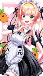  1girl absurdres apron aw_works703 black_dress blonde_hair border breasts commentary dress fang frilled_apron frilled_thigh_strap frills gradient_hair green_eyes heart heart_background heart_hands highres hololive in_pocket long_hair looking_at_viewer maid maid_apron maid_headdress momosuzu_nene momosuzu_nene_(maid) multicolored_hair nail_polish nekko_(momosuzu_nene) open_mouth outside_border pink_background pink_hair pink_nails pink_streaks short_sleeves sidelocks smile solo streaked_hair swept_bangs teeth thigh_strap twintails untranslatable_commentary upper_teeth_only very_long_hair virtual_youtuber white_apron white_border 