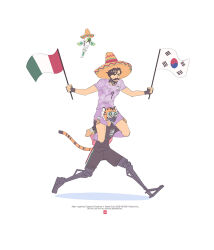  2026_fifa_world_cup 2boys animal_ear_headwear animal_print apex_legends black_gloves black_shirt black_shorts carrying crypto_(apex_legends) facial_hair fingerless_gloves flying gloves hack_(apex_legends) hat joong_beak mechanical_legs mexican_flag multiple_boys mustache non-humanoid_robot octane_(apex_legends) orange_hat purple_shirt purple_shorts robot running shadow shirt shorts shoulder_carry simple_background sombrero south_korean_flag tail tiger_print tiger_tail white_background world_cup 