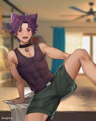 1boy abs absurdres ahoge alternate_costume animal_ears arm_support artist_name bare_arms bed belt belt_pouch biceps black_choker black_eyes blanket blue_curtains blurry blurry_background blush bunk_bed camp_buddy cat_boy cat_ear-shaped_hair cat_ears ceiling_fan ceiling_light choker collarbone commentary_request curtains day dot_nose fake_animal_ears fan feet_out_of_frame green_shorts grey_belt grey_choker grey_shirt grey_trim highres holding holding_leg holding_own_leg house indoors light lock lock_choker messy_hair muscle muscular muscular_male open_mouth parted_bangs pectorals pink_eyes purple_belt purple_eyes purple_hair scar scar_on_arm scar_on_face shirt short_hair shorts silver_choker sitting sitting_on_table sunlight table tan tank_top tongue upper_teeth upper_teeth_only v-shaped_eyebrows venghoe white_blanket white_curtains window wooden_floor wooden_table yukimura_yoichi