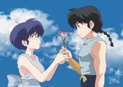  1boy 1girl akaneoficial1 bare_shoulders black_hair blue_eyes blue_hair braid brown_eyes chinese_clothes closed_mouth commentary derivative_work english_commentary eye_contact flower from_side hetero holding holding_flower looking_at_another official_style purple_flower ranma_1/2 saotome_ranma saotome_ranma_(male) screenshot_redraw short_hair single_braid sky sleeveless smile tangzhuang tendou_akane 