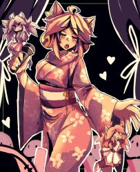  2girls ahoge animal_ears apron bell blush cat_ears cat_girl cat_tail cattail chibi closed_eyes commentary curtains deltarune dress dummy english_commentary floral_print floral_print_kimono flower_pendant ghost_pink_(deltarune) gloves glowstick green_eyes hair_bell hair_ornament heart heart_locket highres holding holding_glowstick holding_microphone idol japanese_clothes jewelry kimono locket mad_mew_mew magical_girl maid maid_apron microphone multiple_girls nervous open_mouth pendant pink_dress pink_frills pink_hair pink_kimono plant ponytail print_kimono rope sash short_hair side_ponytail singing skirt tail undertale utdr_(toby_fox) white_gloves wiltlilies 