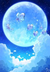  alternate_color antennae bug butterfly butterfree clouds commentary_request fangs full_moon highres moon natu_a0z0ra night no_humans outdoors pink_butterfree pokemon pokemon_(creature) pokemon_focus red_eyes sky star_(sky) wings 