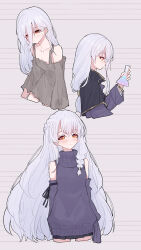  1girl braid brown_dress chinese_commentary commentary_request detached_sleeves dress grey_hair hair_between_eyes highres long_hair long_hair_between_eyes long_sleeves multiple_views orange_eyes original pleated_skirt purple_sweater side_braid skirt skirt_peek sweater very_long_hair white_hair yun_cao_bing 