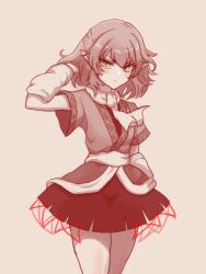 1girl arm_warmers blush closed_mouth commentary_request hand_in_own_hair looking_at_viewer lowres mizuhashi_parsee monochrome necoyngwie pointy_ears scarf short_hair short_sleeves simple_background skirt solo touhou v-shaped_eyebrows 