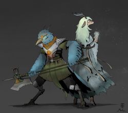  1boy 1girl absurdres animal_ears antlers arm_belt armor artist_logo artist_name belt berdly_(dark_world)_(deltarune) berdly_(deltarune) blonde_hair blue_feathers breastplate commentary deer_ears deer_girl deltarune english_commentary feathers furry furry_female furry_male green_robe halberd highres holding holding_polearm holding_weapon hooves horns logo long_hair mechamichal mechanical_eyes mechanical_legs multiple_belts noelle_holiday noelle_holiday_(dark_world) own_hands_clasped own_hands_together polearm redesign robe torn_clothes utdr_(toby_fox) weapon white_robe 