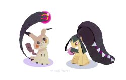  black_skin claws clothed_pokemon colored_skin commentary_request drawn_eyes extra_mouth full_body highres holding life_orb mawile mega_stone mimikyu multicolored_skin nama86 no_humans pokemon pokemon_(creature) pokemon_focus red_eyes sharp_teeth solid_oval_eyes standing stick teeth two-tone_skin white_background yellow_skin 