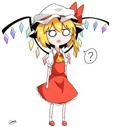  1girl ? ascot blank_stare blonde_hair bow chibi chibi_only commentary_request contrast_collar crystal_wings dress empty_eyes fang flandre_scarlet frilled_skirt frills full_body generalcanon hair_between_eyes hat hat_bow light_blush mob_cap puffy_short_sleeves puffy_sleeves red_dress red_shoes shoes short_sleeves side_ponytail signature simple_background skin_fang skirt socks solo spoken_question_mark standing touhou white_background white_hat white_socks wings yellow_ascot 