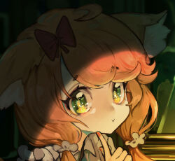  1girl ahoge animal_ear_fluff animal_ears bow bright_pupils candlelight close-up commentary dark english_commentary eudetenis frills green_eyes hair_bow hand_on_own_cheek hand_on_own_face indoors looking_at_viewer low_twintails nail_polish orange_hair orange_nails original portrait puffy_cheeks red_bow shiny_eyes short_eyebrows solo squirrel_ears squirrel_girl swept_bangs twintails wavy_hair white_pupils 