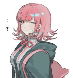  1girl animal_bag bag blush breasts brown_hair cat_bag collared_shirt danganronpa_(series) danganronpa_2:_goodbye_despair flipped_hair hair_ornament highres jacket long_sleeves looking_at_viewer medium_hair nanami_chiaki neck_ribbon one_eye_closed open_clothes open_jacket pink_bag pink_eyes pink_ribbon ribbon shirt smile two-tone_shirt ubugoe_0055 white_shirt 