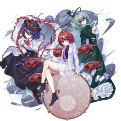  3girls ascot belt black_hat black_shirt black_shoes black_skirt bow closed_mouth commentary_request dress drum drum_set full_body green_dress green_eyes green_hair hat hat_bow high_heels highres horikawa_raiko instrument lightning long_skirt long_sleeves looking_at_viewer multiple_girls nagae_iku necktie ofuda ofuda_on_clothes plaid_clothes plaid_shirt purple_necktie red_ascot red_bow red_eyes red_hair shirt shoes short_hair simple_background skirt soga_no_tojiko taiko_drum tate_eboshi tateworyyyyyy touhou trait_connection veil white_background white_shirt white_skirt white_veil 