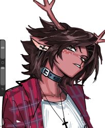 1girl animal_ear_piercing animal_ears antlers art_program_in_frame belt_collar black_choker brown_hair choker collar commentary december_holiday deer_antlers deer_ears deer_girl deltarune design_speculation english_commentary flannel furry furry_female head_tilt highres horns looking_at_viewer red_nose reindeer_girl sketch trou_noir upper_body utdr_(toby_fox) white_freckles 