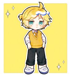  1boy :< alternate_costume black_pants blue_eyes blush border closed_mouth deformed full_body hands_in_pockets jitome kagamine_len male_focus mizunidoufu necktie outline outside_border pants ponytail school_uniform shirt shoes short_hair short_ponytail solo sparkle standing sweater_vest uwabaki vest vocaloid white_border white_outline white_shirt yellow_background yellow_necktie yellow_vest 