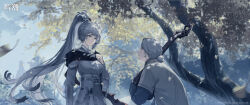  2girls absurdres armor blue_sky breasts closed_mouth day earrings feather_hair game_asset grey_eyes grey_hair hair_ornament hand_up high_ponytail highres holding holding_instrument instrument jewelry liangyu_(wuthering_waves) light_smile logo long_hair looking_at_another medium_breasts multiple_girls official_art old old_woman outdoors ponytail sky smile tree wuthering_waves 