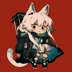  1girl absurdres animal_ear_fluff animal_ears arknights black_boots black_coat book boots cat_ears cat_girl cat_tail chibi chibi_only chinese_commentary coat commentary_request dress full_body green_eyes grey_hair highres holding holding_book long_hair looking_at_viewer open_clothes open_coat red_background rosmontis_(arknights) sige_(kheg7252) simple_background solo standing tail weapon white_dress 