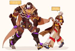  2boys arm_behind_back english_commentary english_text eweeppy facing_another facing_back from_side full_body highres holding male_focus multiple_boys omnic overwatch profile ramattra_(overwatch) robot robot_boy speech_bubble zenyatta_(overwatch) 