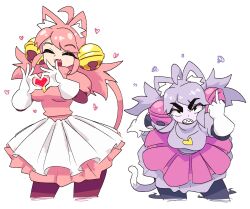  1girl 2girls angry animal_ear_fluff animal_ears apron bell blush breasts cat cat_ears cat_girl cat_tail cattail chibi closed_eyes commentary deltarune dress dummy english_commentary finger_heart frilled_dress frills ghost ghost_pink_(deltarune) ghost_tail gloves hair_bell hair_ornament happy heart heart_hands heart_locket heart_pendant highres jewelry leaning leaning_forward locket looking_at_viewer mad_mew_mew magical_girl maid maid_apron middle_finger multiple_girls neamosub pantyhose pendant pink_dress pink_frills pink_fur plant purple_dress purple_fur smile spandex tail thick_eyebrows undertale utdr_(toby_fox) white_background white_gloves 