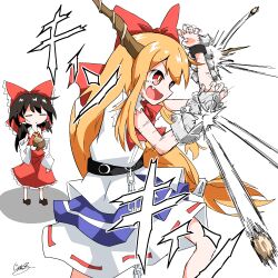  2girls beans belt black_belt blue_overskirt bow bowtie bracelet bright_pupils brown_hair brown_horns brown_shoes chain closed_eyes commentary_request detached_sleeves fang frilled_bow frilled_skirt frills from_side generalcanon hair_bow hakurei_reimu hands_up highres horns ibuki_suika jewelry light_blush long_hair looking_ahead low-tied_long_hair multiple_girls orange_hair red_bow red_bowtie red_eyes red_shirt red_skirt ricocheting rurouni_kenshin setsubun shirt shoes sidelocks signature silver_bracer skirt sleeveless sleeveless_shirt sound_effects spread_fingers standing sweatdrop torn_clothes touhou v-shaped_eyebrows very_long_hair white_pupils white_shirt white_skirt white_sleeves wide_sleeves 