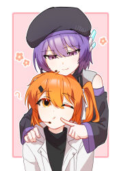  2girls a.i._voice absurdres adachi_rei beret black_hat cheek_poking closed_mouth commentary_request detached_sleeves hand_on_another's_shoulder hat headset highres jacket long_sleeves multiple_girls nori_senbei_(norisen_13) one_eye_closed one_side_up open_clothes open_jacket orange_eyes orange_hair poking purple_hair short_hair smile upper_body utane_uta utau violet_eyes white_jacket 