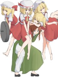  5girls ascot barbell barefoot blonde_hair blue_eyes clone collared_shirt commentary_request exercising flandre_scarlet four_of_a_kind_(touhou) frilled_shirt_collar frills green_skirt green_vest grin hat hat_ribbon highres hong_meiling missing_headwear mob_cap mori_dobonua_(mordvna) multiple_girls one_side_up pants pants_under_skirt puffy_short_sleeves puffy_sleeves red_eyes red_skirt red_vest ribbon shirt short_sleeves side_slit sketch skirt skirt_set smile sweatdrop toes touhou vest weightlifting white_hat white_pants white_shirt yellow_ascot 