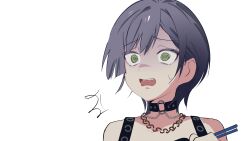  1girl bang_dream! bang_dream!_our_notes black_choker choker chopsticks commentary fang grey_hair highres holding holding_chopsticks o-ring o-ring_choker open_mouth peke_(pekeiscat) portrait short_hair simple_background solo teeth untranslatable_commentary upper_teeth_only white_background yakura_yomogi 