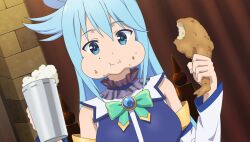  1girl :i alcohol aqua_(konosuba) bare_shoulders beer beer_mug blue_choker blue_eyes blue_gem blue_hair blue_shirt bow bowtie brick_wall brooch chicken_(food) choker crumbs cup curtains detached_sleeves dutch_angle eating food food_on_face fried_chicken frilled_choker frills game_asset gem green_bow green_bowtie hair_rings highres holding holding_cup holding_food indoors jewelry kono_subarashii_sekai_ni_shukufuku_wo! kono_subarashii_sekai_ni_shukufuku_wo!_kono_yokubukai_game_ni_shinpan_o! long_hair looking_at_viewer mug non-web_source official_art puffy_cheeks self-datamine shirt single_hair_ring sleeveless sleeveless_shirt smile solo upper_body white_sleeves 