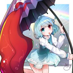  1girl absurdres blue_eyes blue_hair blue_skirt blue_vest closed_mouth commentary_request gakubutiudonn449 heterochromia highres holding holding_umbrella juliet_sleeves karakasa_obake long_sleeves looking_at_viewer puffy_sleeves purple_umbrella red_eyes shirt signature skirt smile solo tatara_kogasa tongue tongue_out touhou umbrella v-shaped_eyebrows vest white_shirt 