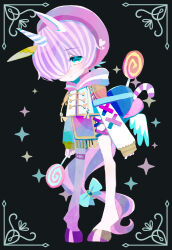 1boy absurdres animal_ears beret black_background blue_eyes bow candy closed_mouth commentary_request food full_body hair_over_one_eye hat highres holding holding_candy holding_food holding_lollipop hood horizontal_pupils horns horse_ears horse_tail lollipop long_hair long_sleeves looking_at_viewer male_focus original pink_hair simple_background single_horn sleeves_past_wrists solo standing tail unicorn_girl unicorn_horn very_long_hair waniyama1993 wings 