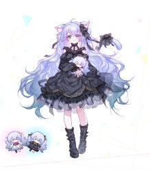  1girl 25-ji_miku absurdres ahoge animal_ears baicongdantui black_boots black_dress boots cat_ears cat_girl cat_tail commentary_request dress full_body gradient_hair green_eyes grey_hair hair_between_eyes hatsune_miku heterochromia highres long_hair looking_at_viewer multicolored_hair pink_eyes project_sekai solo tail twintails very_long_hair 