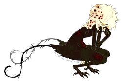  1other artist_name bird_legs black_feathers black_tail blonde_hair colored_teeth dated extra_tails feathers full_body grin jejejunum looking_at_viewer monster_boy no_eyes original other_focus ribs simple_background skinny smile squatting tail teeth white_background yellow_fur yellow_teeth 