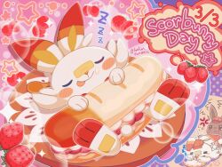  bishie_sparkle character_name closed_eyes commentary_request eevee food food_on_face fruit highres no_humans pokemon pokemon_(creature) pokemon_cafe_remix runachikku sandwich scorbunny sleeping sparkle strawberry submarine_sandwich tongue tongue_out twitter_username zzz 