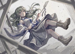  1girl bare_shoulders blue_eyes blue_skirt boots breasts brown_boots closed_mouth collared_shirt commentary_request detached_sleeves floating_clothes floating_hair floor flying frog_hair_ornament full_body gohei green_hair hair_between_eyes hair_ornament hair_tubes hands_up highres holding holding_gohei kochiya_sanae long_hair long_sleeves looking_at_viewer medium_breasts medium_skirt nontraditional_miko shirt simple_background single_hair_tube single_sidelock skirt sleeveless sleeveless_shirt smile snake_hair_ornament solo touhou user_ardu5834 wavy_hair white_background white_shirt white_sleeves 