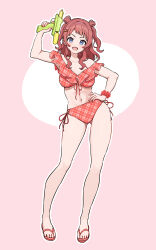  1girl absurdres bare_shoulders bikini blue_eyes blush breasts brown_hair frilled_bikini frills gakuen_idolmaster hanami_saki hand_on_own_hip highres idolmaster long_hair looking_at_viewer navel open_mouth sandals scrunchie side-tie_bikini_bottom simple_background smile swimsuit two_side_up wanitaroo._(waniwani_panic) water_gun 