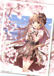  1girl black_hat blue_bow blunt_bangs blurry blurry_background blurry_foreground blush bow bowtie brown_bow brown_bowtie brown_eyes brown_hair brown_skirt cherry_blossoms commentary_request dot_nose dress_bow falling_petals floating_hair green_bow hair_ornament hands_up hat idolmaster idolmaster_cinderella_girls long_hair looking_at_viewer necocafe_lili ocean open_mouth outdoors petals photo_(object) puffy_short_sleeves puffy_sleeves shirt short_sleeves skirt smile solo standing tassel tassel_hair_ornament torii twitter_username very_long_hair white_shirt white_wrist_cuffs wrist_cuffs yorita_yoshino 