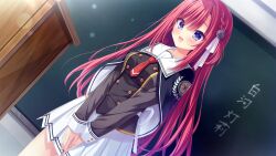  1girl back_bow black_cape black_jacket blue_eyes bow braid buttons cape chalkboard da_capo da_capo_v desk double-breasted dutch_angle emblem flower game_asset hair_flower hair_intakes hair_ornament highres jacket long_hair long_sleeves miniskirt multicolored_jacket necktie non-web_source official_art pleated_skirt red_hair red_necktie sailor_collar school_uniform shirakawa_akari_(da_capo) side_braid sidelocks skirt sleeve_cuffs smile standing two-tone_jacket v_arms visual_novel_cg white_sailor_collar white_skirt yatanukikey 