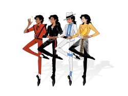  1boy bad_(michael_jackson) ballet black_hair black_jacket closed_eyes closed_mouth commentary dark-skinned_male dark_skin guaguapiu hat jacket leather leather_jacket male_focus medium_hair michael_jackson pants ponytail real_life red_pants remember_the_time shirt simple_background smile smooth_criminal sparkle standing standing_on_one_leg suit thriller_(michael_jackson) white_suit yellow_shirt 