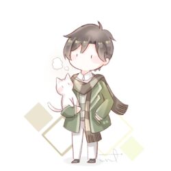  1boy animal black_eyes black_shoes blush_stickers breath brown_hair brown_scarf cat chibi chinese_commentary coat collared_coat collared_shirt commentary_request diamond_(shape) dress_shirt expressionless fringe_trim green_coat green_shirt hand_in_pocket holding holding_animal holding_cat interruption_(echo-023) lapels notched_lapels open_clothes open_coat pants quanzhi_gaoshou scarf shirt shoes short_hair signature solid_oval_eyes solo standing striped_clothes striped_scarf striped_shirt wang_jiexi white_background white_cat white_pants white_shirt 