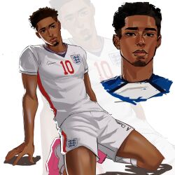  1boy 2026_fifa_world_cup absurdres black_hair commentary dark-skinned_male dark_skin english_national_soccer_team_uniform facial_hair goatee harbinggers highres jude_bellingham looking_at_viewer looking_to_the_side male_focus multiple_views pink_shoes real_life shoes simple_background soccer_uniform sportswear world_cup 