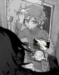  1boy blush cellphone cellphone_photo closed_mouth danganronpa_(series) danganronpa_v3:_killing_harmony flipped_hair gakuran greyscale hair_between_eyes hair_gel hair_rollers hand_in_own_hair highres holding holding_phone indoors jijisucha69 komaeda_nagito long_sleeves looking_at_phone male_focus mirror monochrome monokuma official_alternate_costume oma_kokichi phone school_uniform short_hair sketch smartphone solo solo_focus spot_color sweatdrop upper_body 